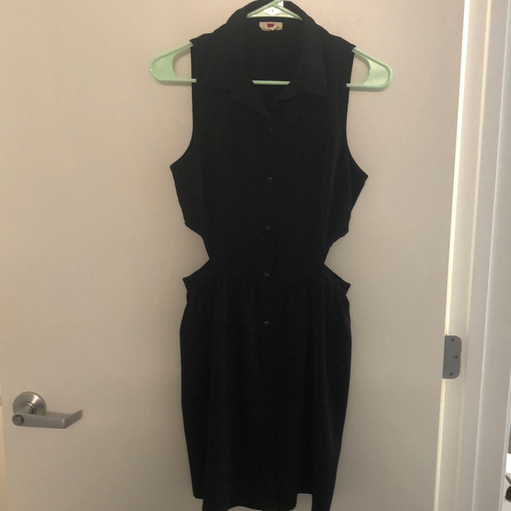 Black satin collared hip cut out dress